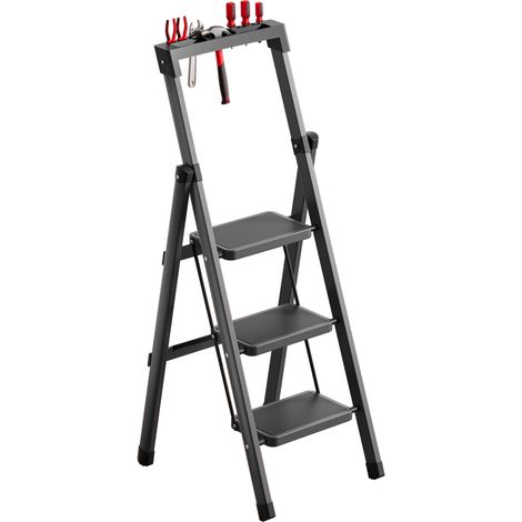 Klappleiter - Dreistufige Leiter mit Werkzeugablage und rutschfesten Fußpolstern, Tragfähigkeit 150 kg, verbreiterte Stufen mit den Maßen 17 x 27 cm, schwarz (1/5)