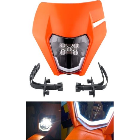 Maske mit LED-Scheinwerfer für Motorrad, Motorbike, orange, mit Abblend- und Fernlicht - Universelles Modell für ENDURO / Trail