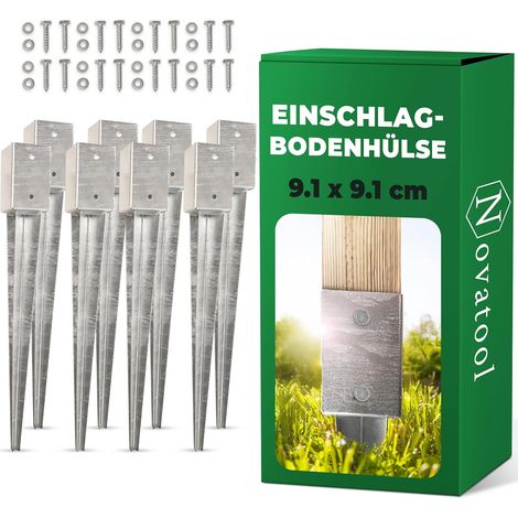 Novatool Lot de 8 douilles de sol 91 x 91 x 750 mm, douilles de sol pour poteau de parasol, poteau de clôture, poteau en bois, douilles à enfoncer,