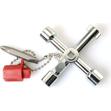 Llave multiusos de 4 vías con broca, aleación de zinc, universal, para armarios de control cruciformes, llave multiusos para armarios eléctricos, contadores de agua y válvulas. (1/5)