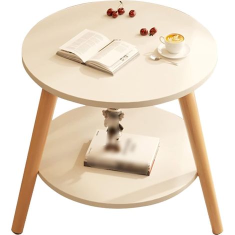 Mesa De Centro Redonda Mesa De Centro Pequeña De Madera Nórdica Mesa De Centro De Dos Niveles, Mesa Auxiliar Para Teléfono, Ocio Simple Para Balcón 40 X41.5cm (Ø XH), Blanco MINKUROW (1/5)