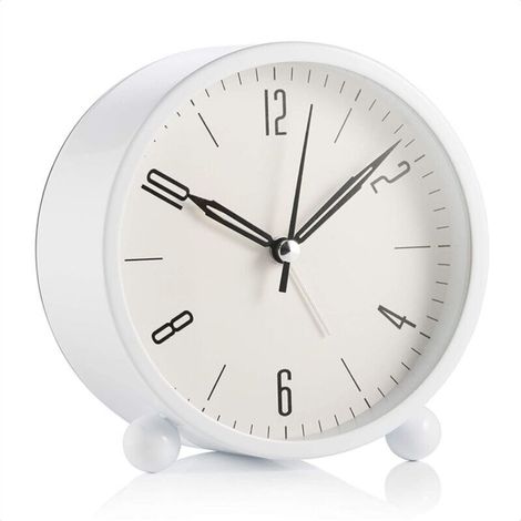 Réveil rond sans coutil, à piles et fonction d'éclairage, réveil super silencieux, design simple et élégant pour bureau / chambre à coucher, blanc (1/5)