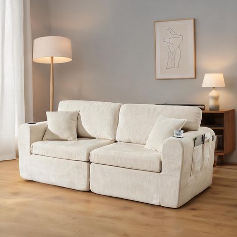 Canapé 2 places relax en tissu chenille beige avec rangements (1/5)