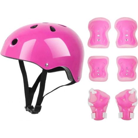 1 Casque bulle noir et rose, kit protection 7 pièces, genouillère, coude, réglable, trottinette, vélo, patin à roulettes (1/5)