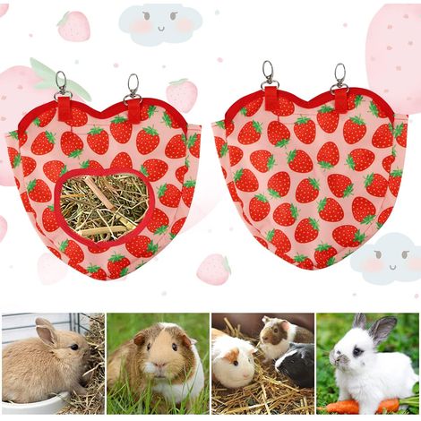 Strawberry Hay Bag for Rabbit/Hamster/Chinchillas with Buckle for Cage Attachment (Small Strawberry Hay Bag)