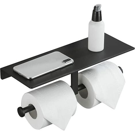 Toilettenpapierhalter ohne Bohren mit Handyablage, Wandhalterung, doppelter Toilettenpapierhalter für Badezimmer (schwarz)