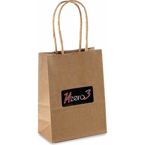 Busta / sacchetto regalo XS in carta kraft naturale riciclata con manici e logo 14zero3, set da 100 pezzi, cm 11 x 6 x 15 H
