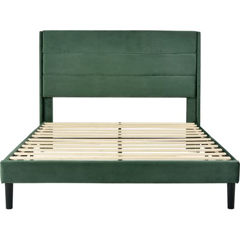 Lit double capitonné 140x200cm avec sommier à lattes et tête de lit, revêtement velours vert émeraude, cadre moderne et intemporel, literie pour adolescent (1/5)