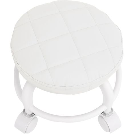 Tabouret bas à roulettes pivotant en cuir PU, silencieux, avec roulettes basses, pour la maison, le bureau, le garage ou l'atelier (blanc). (1/5)