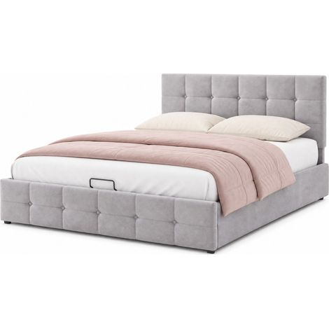 Lit Coffre Double 140 x 200 cm en Velours, Tête de Lit Réglable et Vérins Hydrauliques, sans Matelas, Gris (1/5)