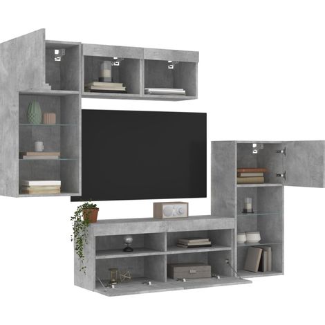 Muebles TV pared con LED 5 pzas madera ingeniería gris hormigón vidaXL (1/5)
