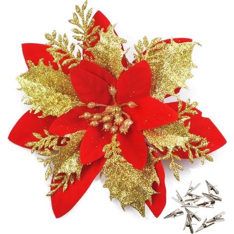 Set di 10 fiori natalizi glitterati (14 cm) con 10 stelle di Natale artificiali per albero di Natale, rossi (1/5)