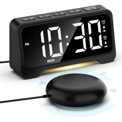 Réveil Vibrant pour Les Gros Dormeurs, Reveil Sourd avec Veilleuse, Réveil Bruyant avec Vibrateur, Mode Jours Week-End, Snooze, Charger USB, Variateur d'Intensité, Batterie de Secours, 12/24H, DST (1/5)