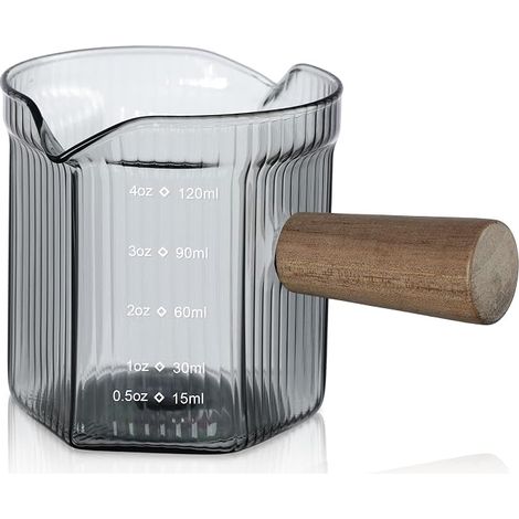 Gris Verre Doseur Café Double Bec Poignée Bois, Petit Pichet Lait verre, Borosilicate Côtelée Tasse Mesurer Verre Cuisine,Verre Doseur Cocktail Gradué (1/5)