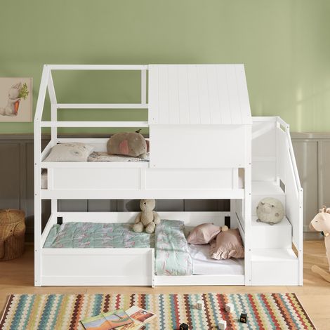 Letto a castello per bambini 80 x 200 cm con tetto, scala laterale e sponde, bianco HAVRYA (1/5)