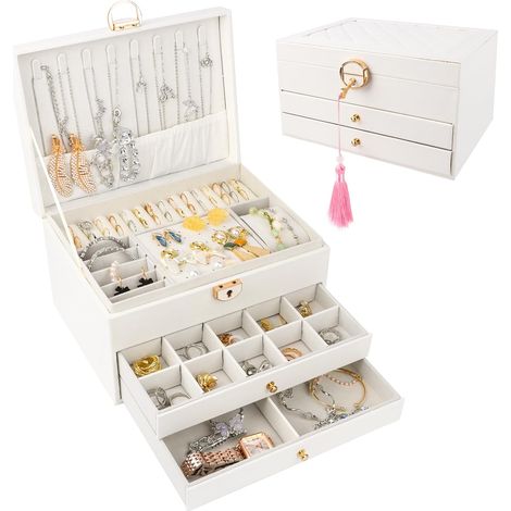Boîte à Bijoux 3 Niveaux, Boîtes à Bijoux et Présentoirs Rangement Bijoux Verrouillable avec Clef, Boite à Bijoux Femme Boite Rangement Bijouxrange Bijoux Femme pour Bagues, Boucles, Colliers (1/5)