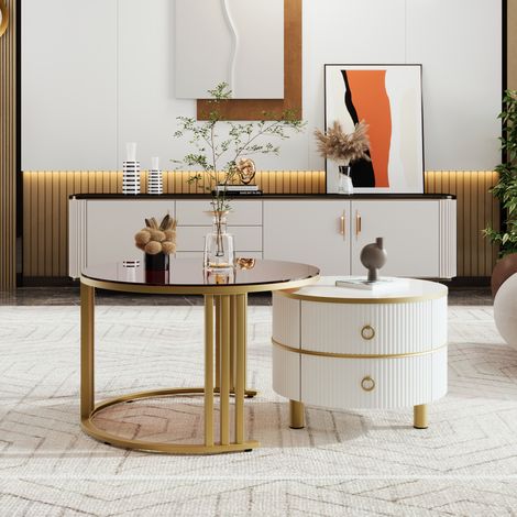 URBAN MEUBLE Table basse gigogne luxe blanc et doré 2 tiroirs verre teinté 70x70x45cm (1/5)