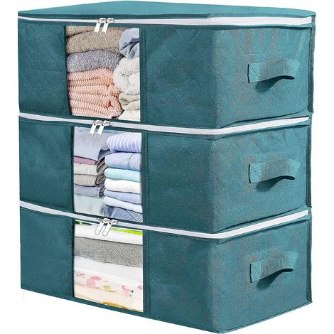 3 Paquet (bleu) Sac De Rangement Vetement, Boite Rangement Vetements Sous Lit, Finition Des Vtements En Tissue, Pour Ranger Couettes, Vtements, Li (1/5)
