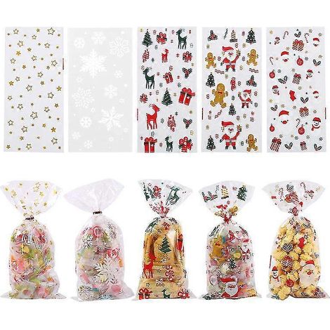 100 sachets à biscuits de Noël, sachets cadeaux de Noël en plastique transparent (1/4)