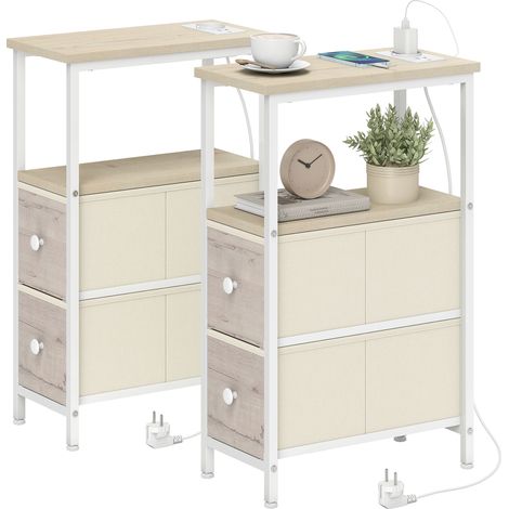 Ensemble de 2 tables d'appoint étroites avec prise secteur, port USB, port USB-C et 2 tiroirs, revêtues de tissu naturel. (1/5)