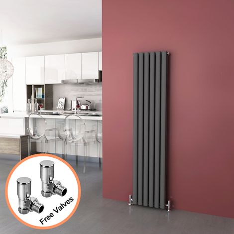 ELEGANT Anthracite Radiators Double 1600 x 360mm Oval Column Kitchen Panel Heater Designer Vertical Radiator + Angled Radiator Valves (1/5)