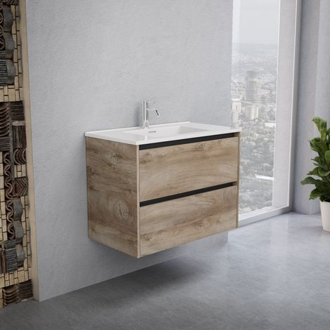 Inda - Badezimmerschrank 2 Schubladen B.80 mit glänzendem Waschbecken / Natureiche - Smeraldo (1/5)