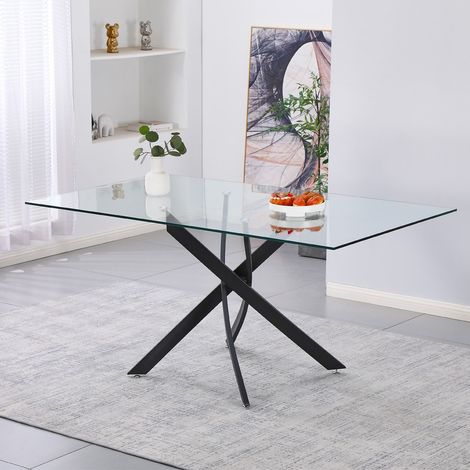 Tavolo da Pranzo Peyton 160×90 cm in Vetro Temperato con Gambe Incrociate Nere (1/5)