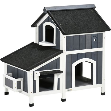 Maison en bois pour chats d'extérieur deux étages avec espace au sol et toit en asphalte gris 96 x 65 x 85,5 cm (1/5)