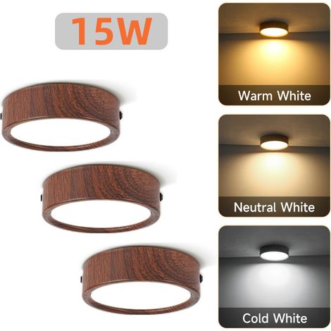 Lot de 3 Plafonniers LED 15W 3 Températures de Couleur, Spots LED Ronds en Saillie, Effet Bois Noyer (1/5)