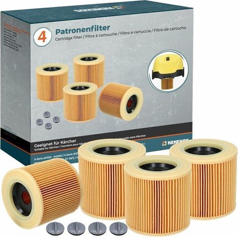 Pack of 4 filters for Kärcher vacuum cleaners WD2, WD3, MV3, A, K series, SE 4001, SE 4002, as cartridge filters 6.414-552.0, 6.414-772.0, 6.414-547.0 (1/4)