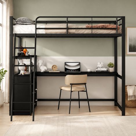 Hochbett 140x200 cm schwarz aus Metall und MDF mit L-förmigem Schreibtisch und Schubladen (1/5)