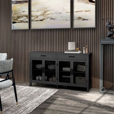 Buffet bas meuble de rangement 4 portes avec étagères réglables et 2 tiroirs style industriel 150 x 40 x 85 cm noir
