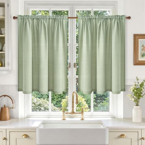 Rideau Voilage Vert Court Lin Brise Bise Cuisine sous Évier Meuble Bas Placard 60x90 cm, Rideaux Voilage Semi-Transparent Passe Tringle pour Petite Fenetre, 2 Pièces (1/5)