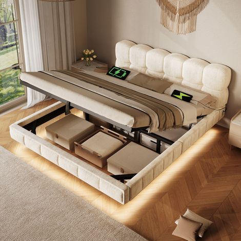 LED-Boxspringbett 140x200 cm in Beige aus Chenille, mit Stauraum, ohne Matratze – MEUBLIV (1/5)