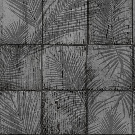 Papier peint carreaux bois patiné ombres palmiers