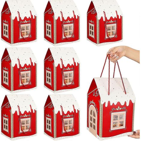 Lot de 12 grandes boîtes cadeaux de Noël enchantées, en forme de maisonnette, avec poignée, pour emballer des bonbons et autres gourmandises (rouge). (1/5)