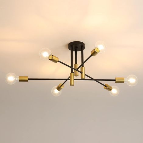 1 Lustre Sputnik 6 Lumières Métal Noir Et Or Pivotant E27 Pour Salon Cuisine