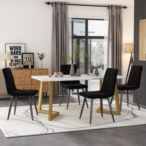 Ensemble table et chaises salle à manger rectangulaire 117x68cm - 4 chaises velours noir - Pieds dorés - Moderne (1/5)