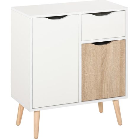 Blanc et chêne clair, gagnez en ordre avec ce meuble de rangement scandinave à 2 placards et 1 tiroir (1/5)