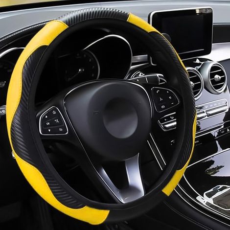 Coprivolante in pelle per auto, antiscivolo, traspirante, in fibra di carbonio, elastico sportivo, senza anello interno, misura universale 37-39 cm/14,5-15 (giallo) (1/5)