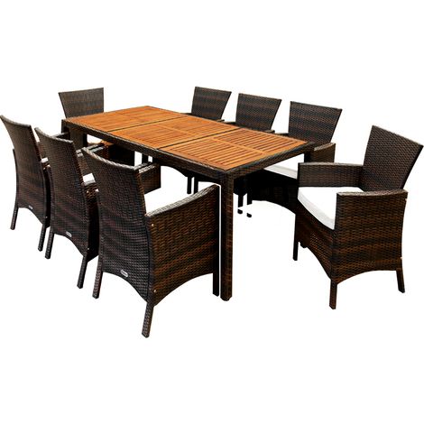 CASARIA® Gartenmöbel Set 8 Stühle inkl. 7cm Auflagen extra Breit mit Tisch 190x90cm Outdoor Terrassenmöbel Wetterfest Polyrattan Akazie Holz Essgruppe Garten Balkon Lounge Braun