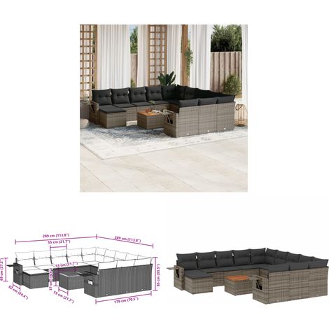 13-tlg. Garten-Sofagarnitur mit Kissen Grau Poly Rattan - Gartenmöbel Set - PE-Rattan Möbel - Outdoor Lounge - Esszimmergarnitur - Balkonmöbel - Home & Living (1/3)