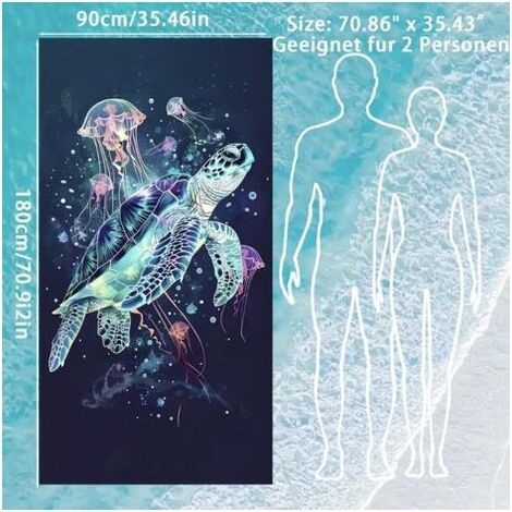 (Tortue 180X90)Serviette Plage XXL avec Sac 90x180 Serviette de Bain Microfibre Tortues de Mer Méduses Séchage Rapide, Couverture Absorbante