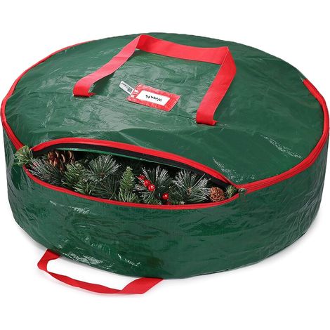 Borsa porta ghirlande natalizie da 23,5 pollici, borsa in tessuto impermeabile con doppia cerniera per ghirlande natalizie artificiali, 2 manici in tela rinforzata cuciti, fessura per etichette, verde (1/5)