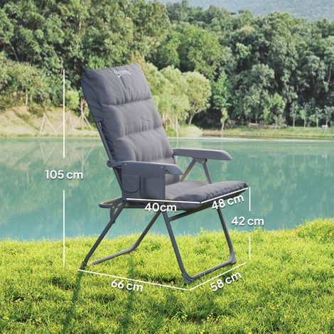 Bequemer, faltbarer Campingstuhl mit verstellbarer Rückenlehne und seitlichem Staufach, gepolsterter Sitzfläche, graue Farbe