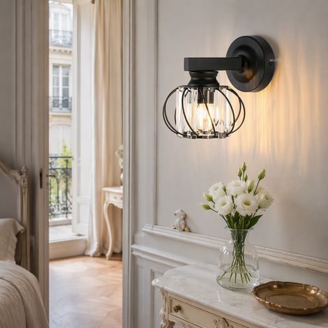 Applique murale, lampe murale, luminaire mural cage cristal, max 60 W, salon chambre couloir, noir, sans ampoule, E27 (1/5)