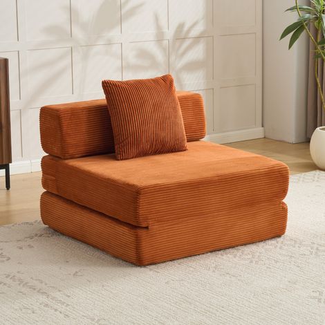 Canapé de sol convertible, canapé-lit de sol avec coussins de soutien lombaire et accoudoirs, lit une place confortable, tissu velours côtelé, pour salon ou chambre, orange (1/5)