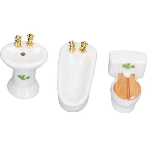 Ensemble de salle de bain miniature 3 pièces pour maison de poupée : baignoire, toilettes et lavabo en céramique (motif gazon), échelle 1/24. (1/5)