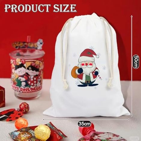 Lot de 3 sacs cadeaux de Noël en tissu avec cordon de serrage, réutilisables, style sac du Père Noël, pour ranger vos cadeaux, 35 x 50 cm (1/4)