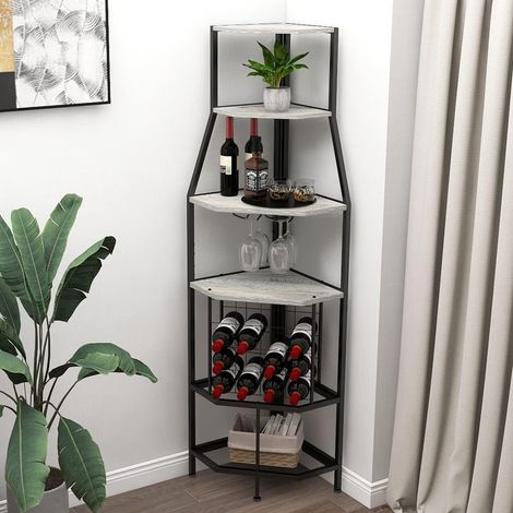 Étagère à vin d'angle à 5 étages avec support en verre et rangement de vin industriel - Pour cuisine, bar, cave, salle à manger - Gris (1/5)